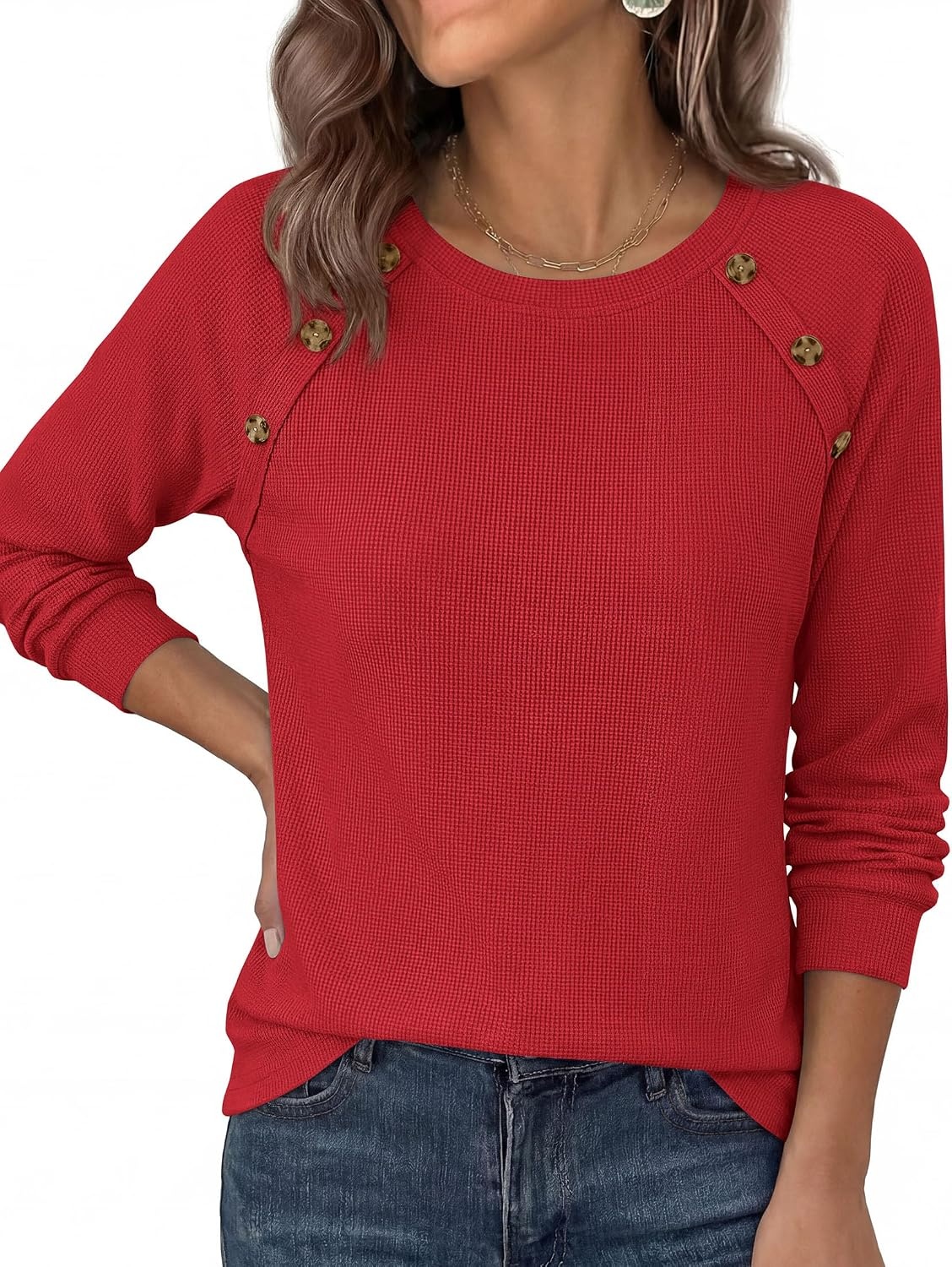 image:imagePRETTYGARDEN Fall Long Sleeve Waffle Knit Shirts for Women Soft Stretchy Tops Casual Crew Neck Raglan Sleeves with Deco Buttons Loose Fit Tunics Comfy Clothes for Work WearRed