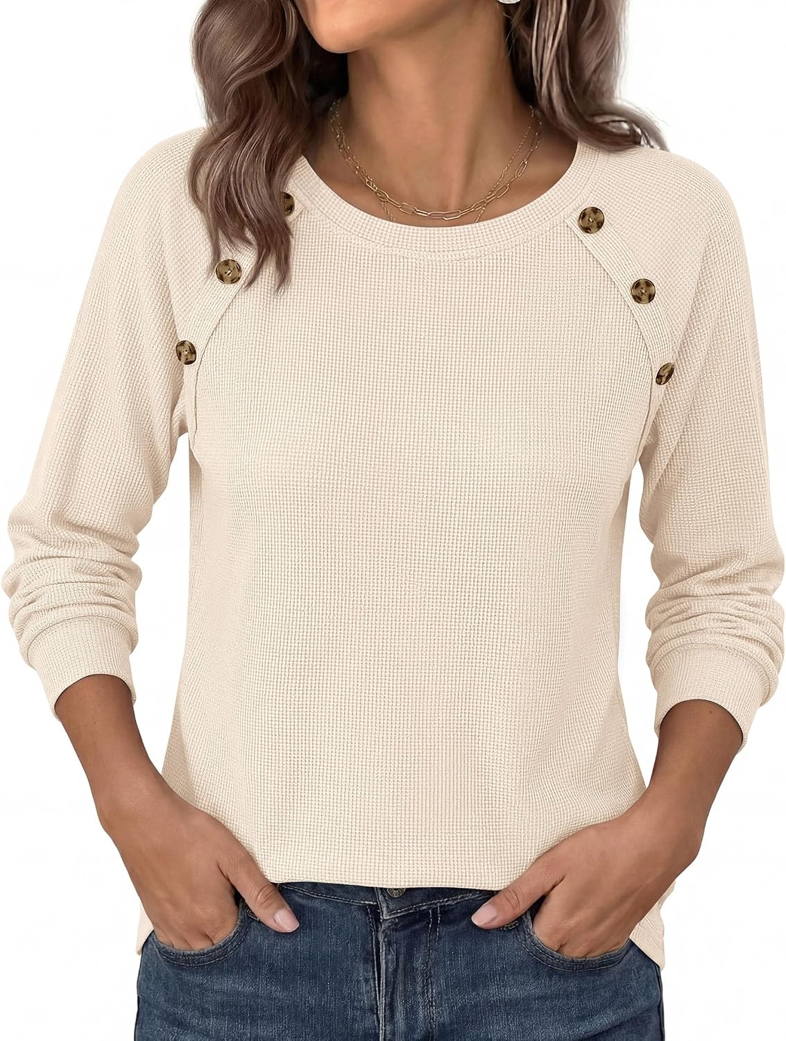 image:imagePRETTYGARDEN Fall Long Sleeve Waffle Knit Shirts for Women Soft Stretchy Tops Casual Crew Neck Raglan Sleeves with Deco Buttons Loose Fit Tunics Comfy Clothes for Work WearBeige