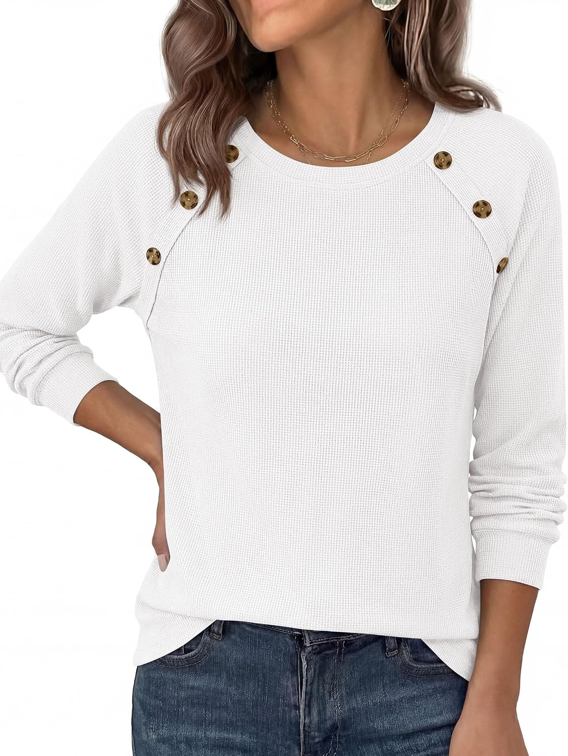 image:imagePRETTYGARDEN Fall Long Sleeve Waffle Knit Shirts for Women Soft Stretchy Tops Casual Crew Neck Raglan Sleeves with Deco Buttons Loose Fit Tunics Comfy Clothes for Work WearWhite