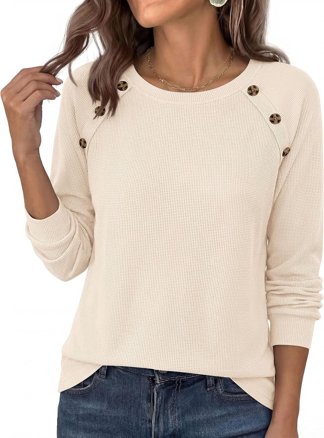 image:imagePRETTYGARDEN Fall Long Sleeve Waffle Knit Shirts for Women Soft Stretchy Tops Casual Crew Neck Raglan Sleeves with Deco Buttons Loose Fit Tunics Comfy Clothes for Work WearBeige