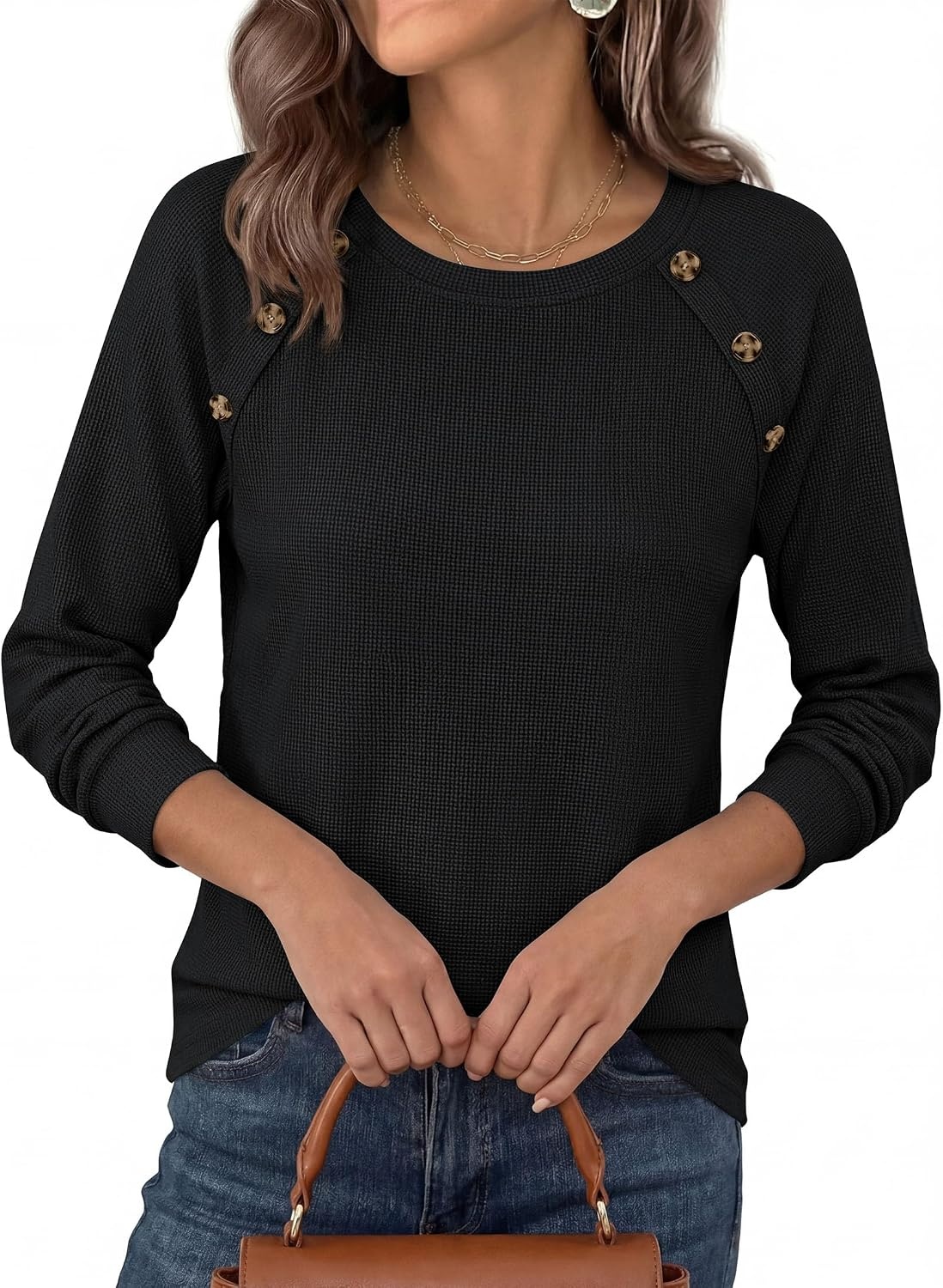 image:imagePRETTYGARDEN Fall Long Sleeve Waffle Knit Shirts for Women Soft Stretchy Tops Casual Crew Neck Raglan Sleeves with Deco Buttons Loose Fit Tunics Comfy Clothes for Work WearBlack