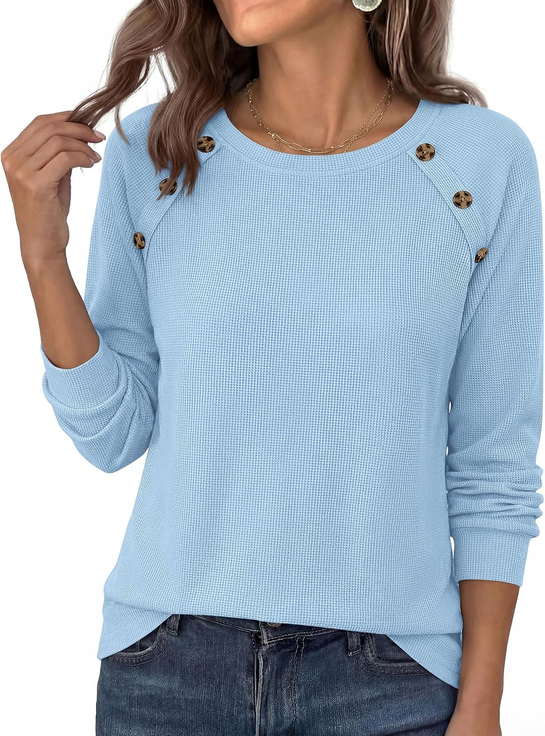 image:imagePRETTYGARDEN Fall Long Sleeve Waffle Knit Shirts for Women Soft Stretchy Tops Casual Crew Neck Raglan Sleeves with Deco Buttons Loose Fit Tunics Comfy Clothes for Work WearLight Blue
