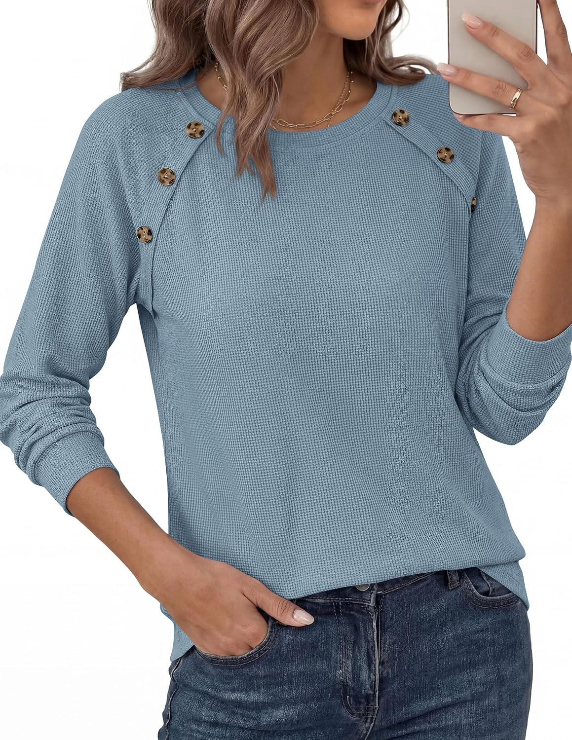 image:imagePRETTYGARDEN Fall Long Sleeve Waffle Knit Shirts for Women Soft Stretchy Tops Casual Crew Neck Raglan Sleeves with Deco Buttons Loose Fit Tunics Comfy Clothes for Work WearDusty Blue
