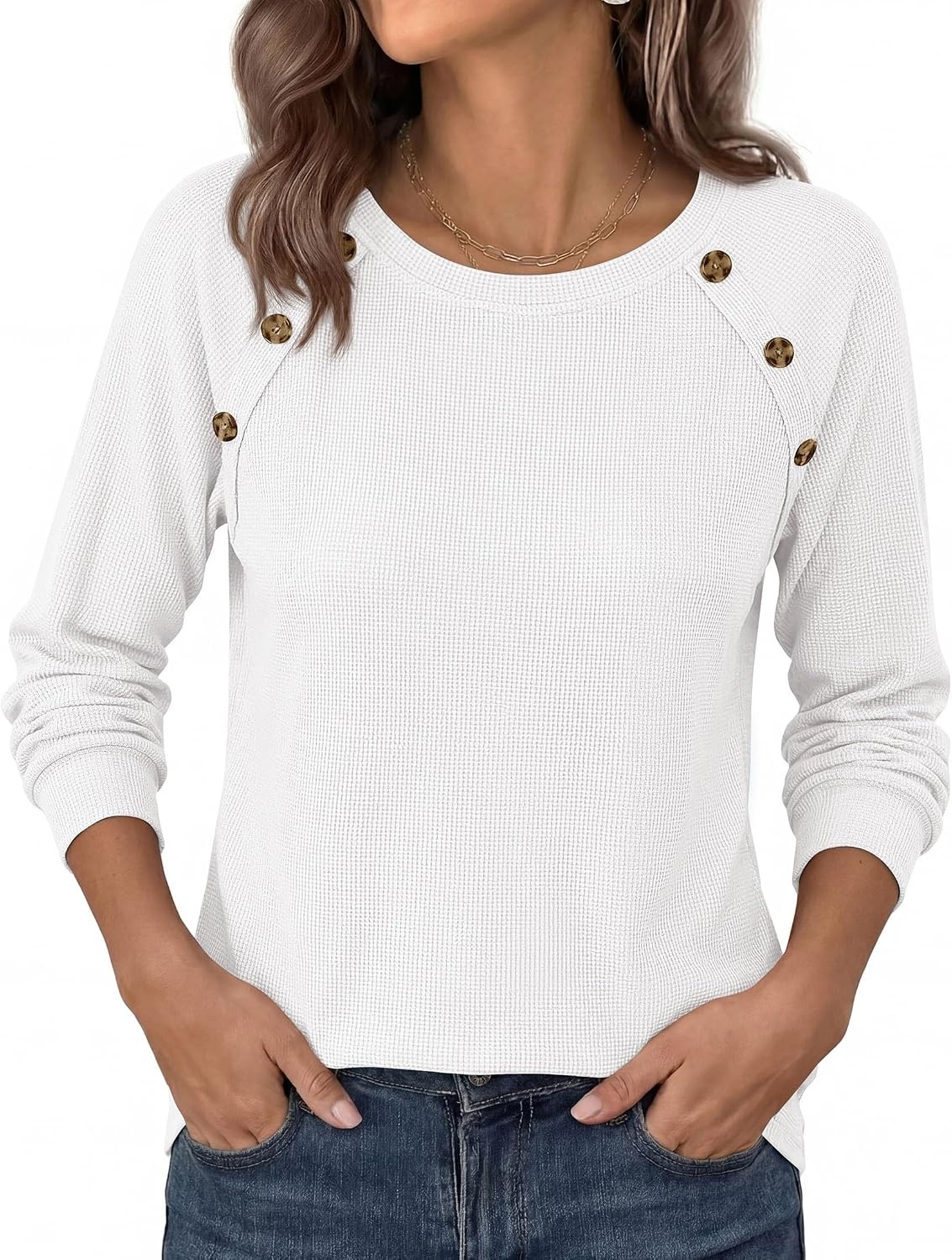 image:imagePRETTYGARDEN Fall Long Sleeve Waffle Knit Shirts for Women Soft Stretchy Tops Casual Crew Neck Raglan Sleeves with Deco Buttons Loose Fit Tunics Comfy Clothes for Work WearWhite