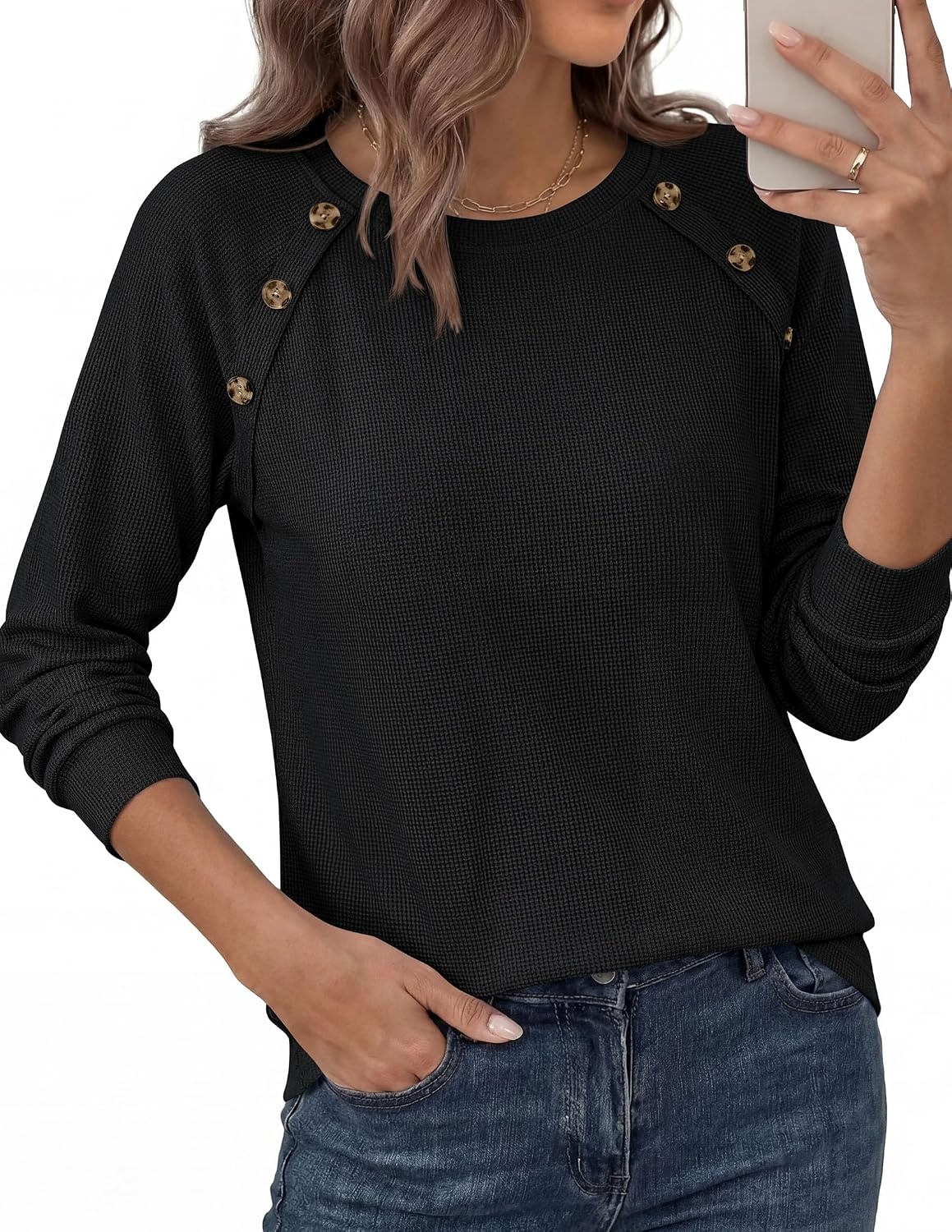 image:imagePRETTYGARDEN Fall Long Sleeve Waffle Knit Shirts for Women Soft Stretchy Tops Casual Crew Neck Raglan Sleeves with Deco Buttons Loose Fit Tunics Comfy Clothes for Work WearBlack
