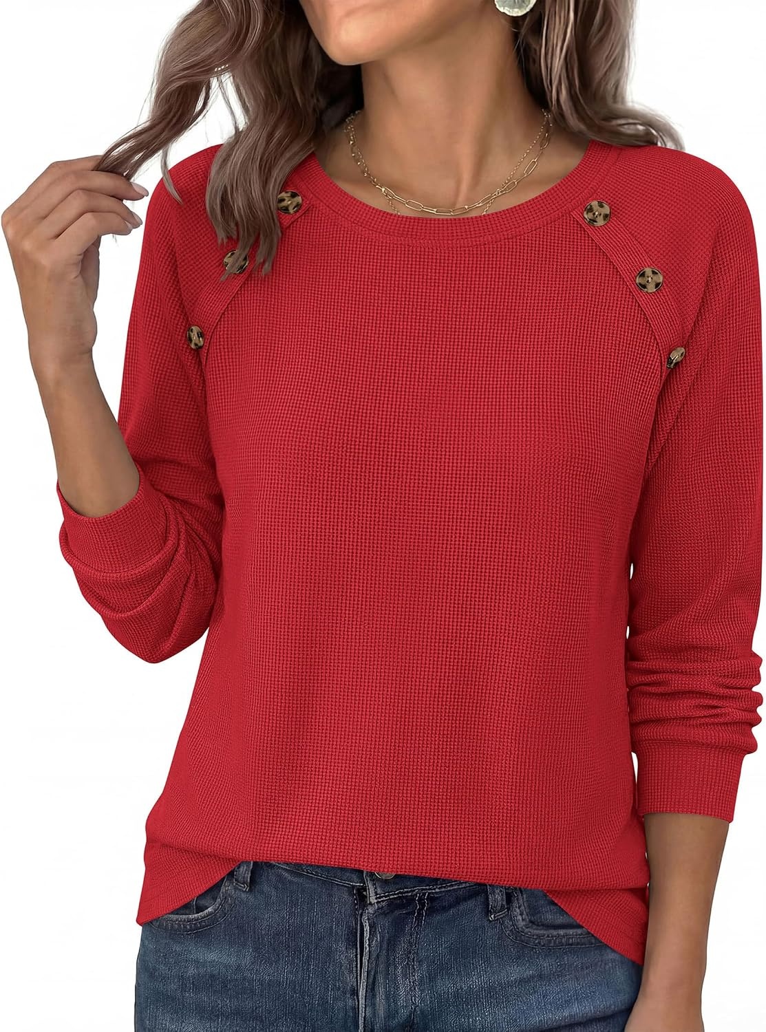 image:imagePRETTYGARDEN Fall Long Sleeve Waffle Knit Shirts for Women Soft Stretchy Tops Casual Crew Neck Raglan Sleeves with Deco Buttons Loose Fit Tunics Comfy Clothes for Work WearRed