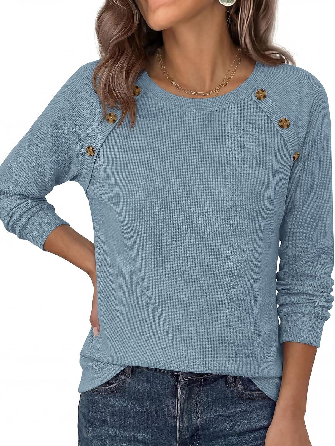image:imagePRETTYGARDEN Fall Long Sleeve Waffle Knit Shirts for Women Soft Stretchy Tops Casual Crew Neck Raglan Sleeves with Deco Buttons Loose Fit Tunics Comfy Clothes for Work WearDusty Blue