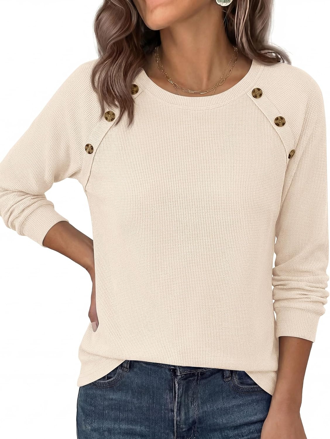 image:imagePRETTYGARDEN Fall Long Sleeve Waffle Knit Shirts for Women Soft Stretchy Tops Casual Crew Neck Raglan Sleeves with Deco Buttons Loose Fit Tunics Comfy Clothes for Work WearBeige