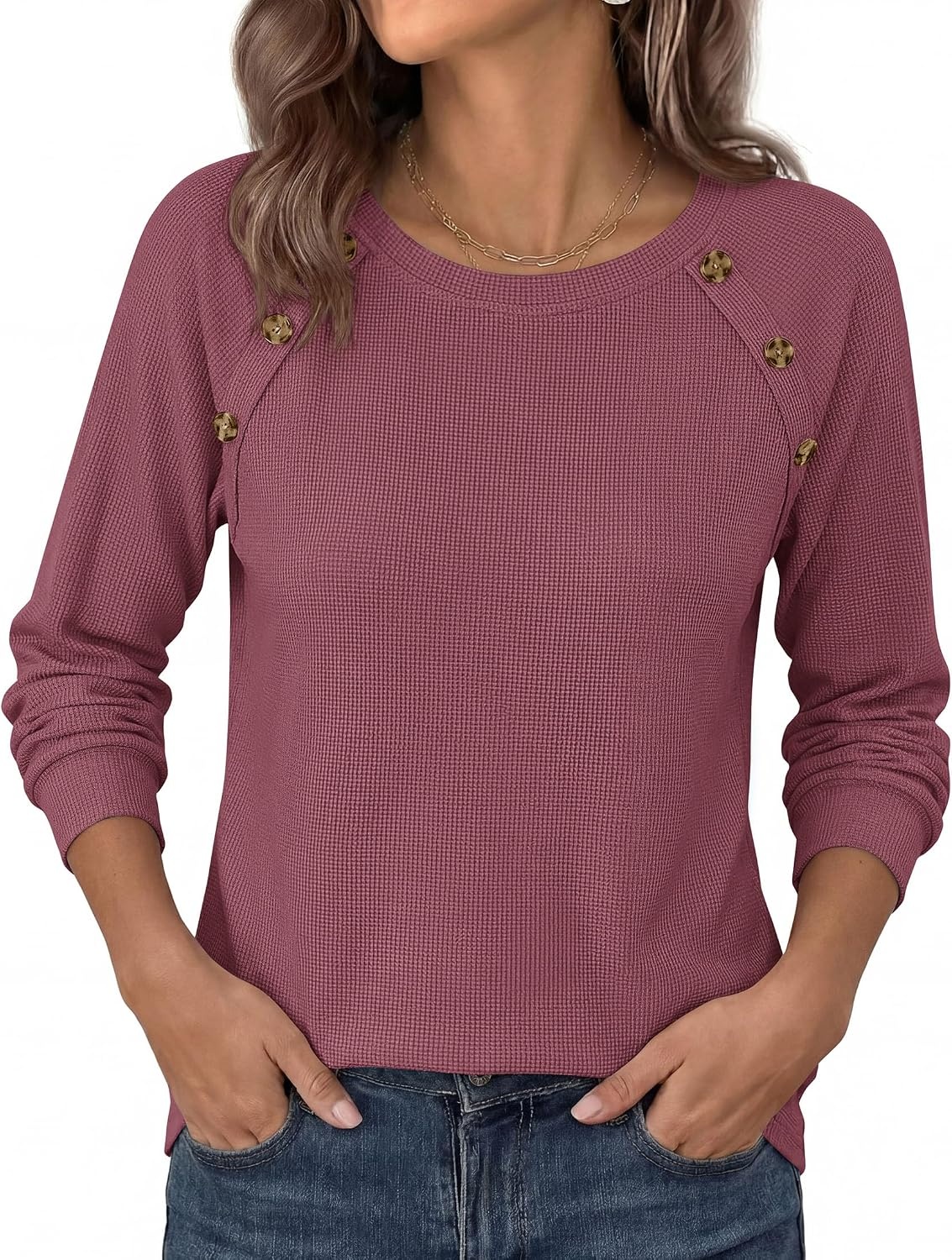 image:imagePRETTYGARDEN Fall Long Sleeve Waffle Knit Shirts for Women Soft Stretchy Tops Casual Crew Neck Raglan Sleeves with Deco Buttons Loose Fit Tunics Comfy Clothes for Work WearMauve