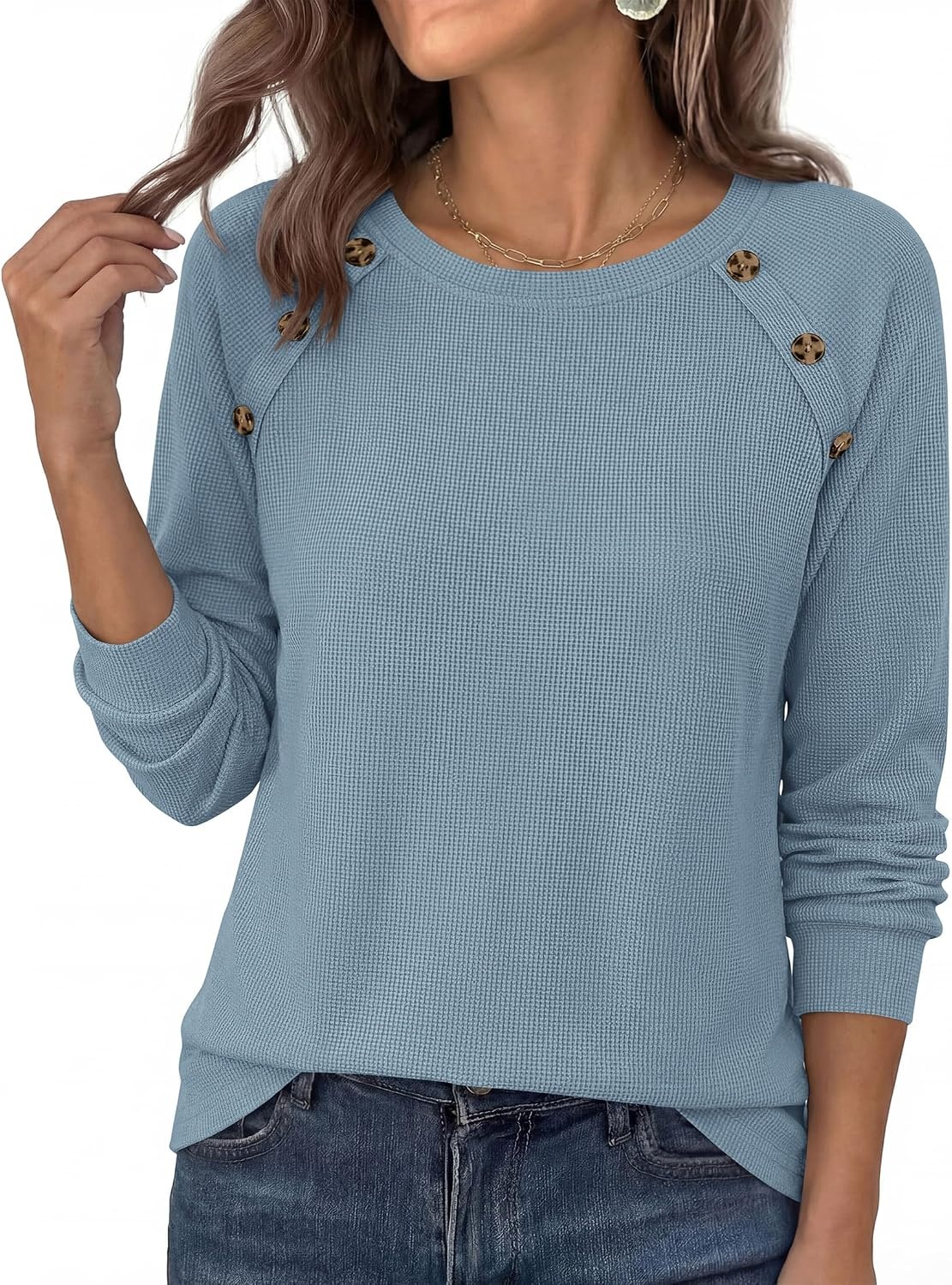 image:imagePRETTYGARDEN Fall Long Sleeve Waffle Knit Shirts for Women Soft Stretchy Tops Casual Crew Neck Raglan Sleeves with Deco Buttons Loose Fit Tunics Comfy Clothes for Work WearDusty Blue