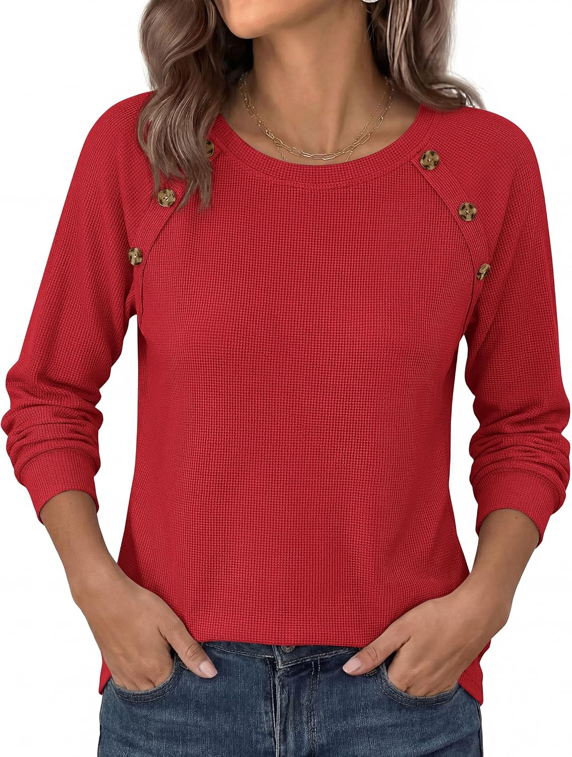 image:imagePRETTYGARDEN Fall Long Sleeve Waffle Knit Shirts for Women Soft Stretchy Tops Casual Crew Neck Raglan Sleeves with Deco Buttons Loose Fit Tunics Comfy Clothes for Work WearRed