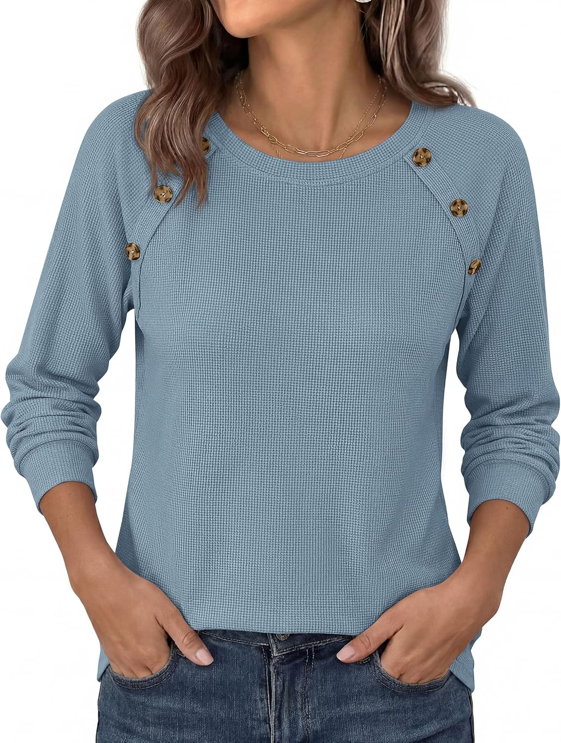 image:imagePRETTYGARDEN Fall Long Sleeve Waffle Knit Shirts for Women Soft Stretchy Tops Casual Crew Neck Raglan Sleeves with Deco Buttons Loose Fit Tunics Comfy Clothes for Work WearDusty Blue