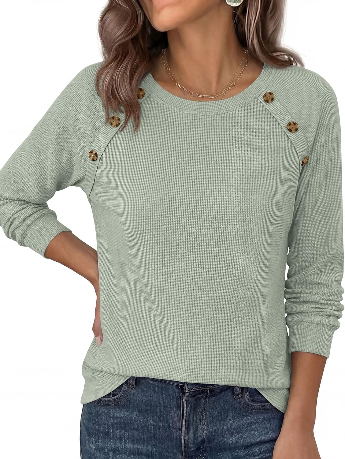 image:imagePRETTYGARDEN Fall Long Sleeve Waffle Knit Shirts for Women Soft Stretchy Tops Casual Crew Neck Raglan Sleeves with Deco Buttons Loose Fit Tunics Comfy Clothes for Work WearSage Green