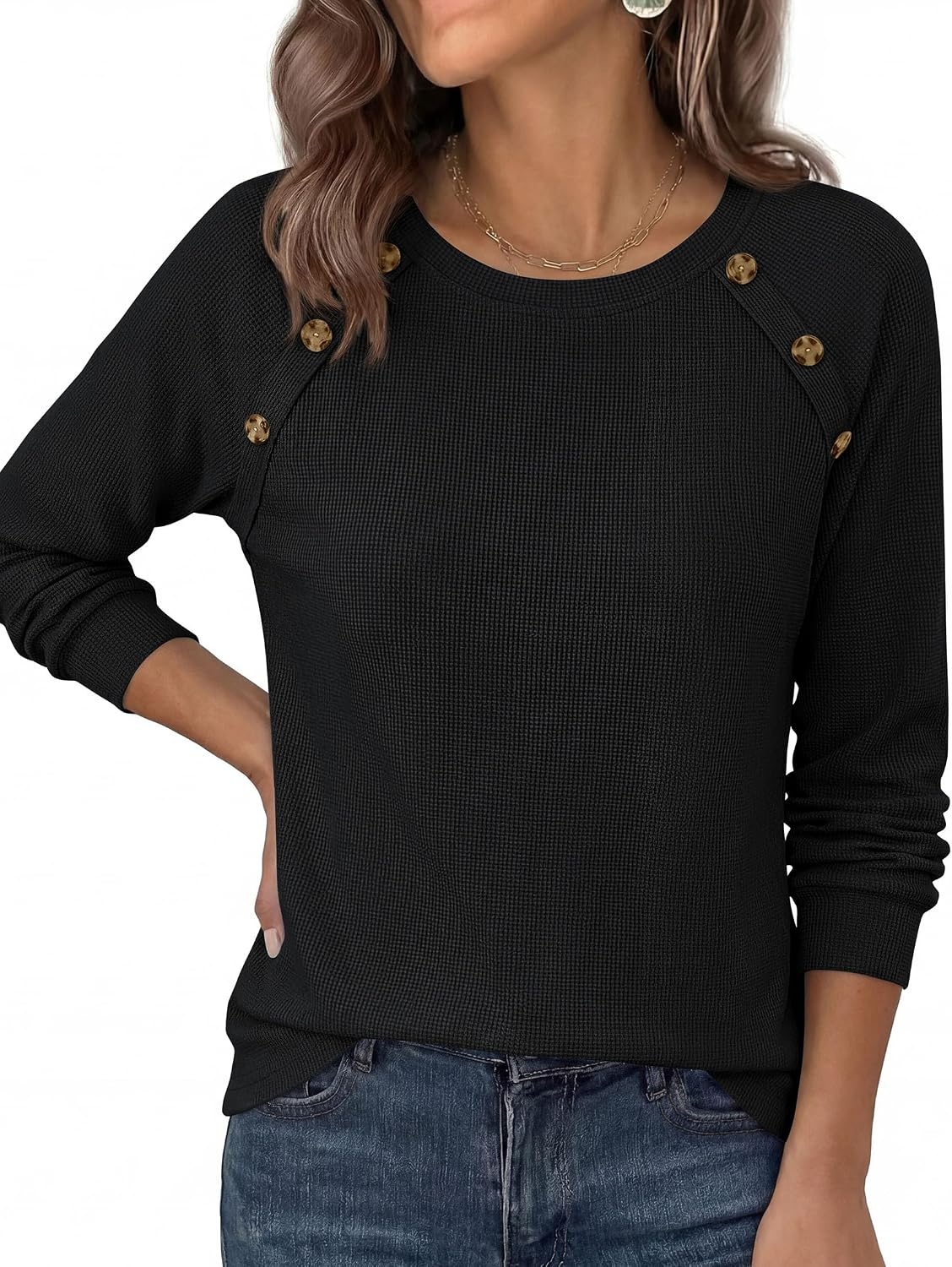 image:imagePRETTYGARDEN Fall Long Sleeve Waffle Knit Shirts for Women Soft Stretchy Tops Casual Crew Neck Raglan Sleeves with Deco Buttons Loose Fit Tunics Comfy Clothes for Work WearBlack