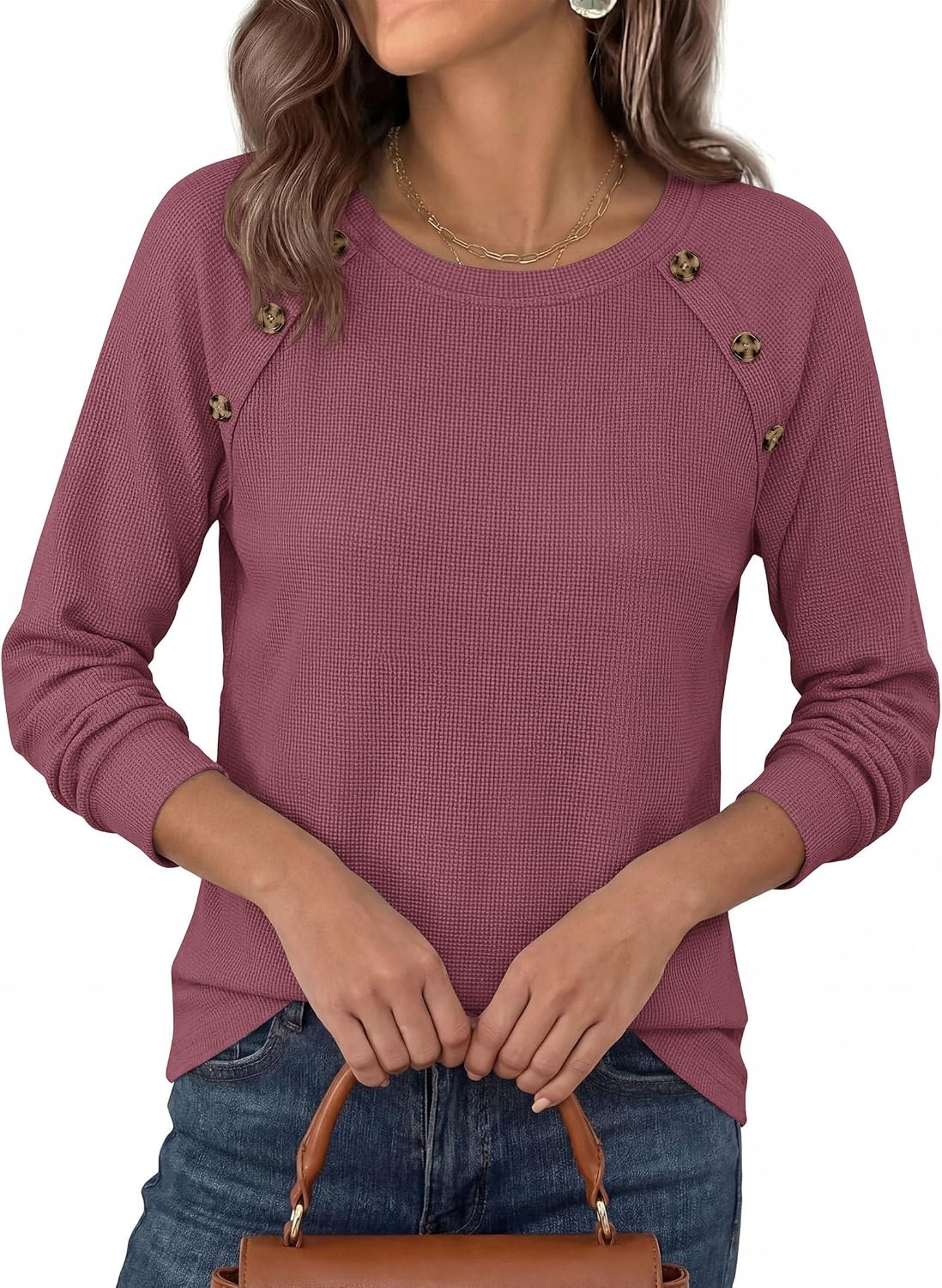 image:imagePRETTYGARDEN Fall Long Sleeve Waffle Knit Shirts for Women Soft Stretchy Tops Casual Crew Neck Raglan Sleeves with Deco Buttons Loose Fit Tunics Comfy Clothes for Work WearMauve