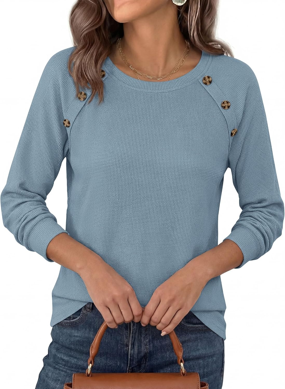 image:imagePRETTYGARDEN Fall Long Sleeve Waffle Knit Shirts for Women Soft Stretchy Tops Casual Crew Neck Raglan Sleeves with Deco Buttons Loose Fit Tunics Comfy Clothes for Work WearDusty Blue