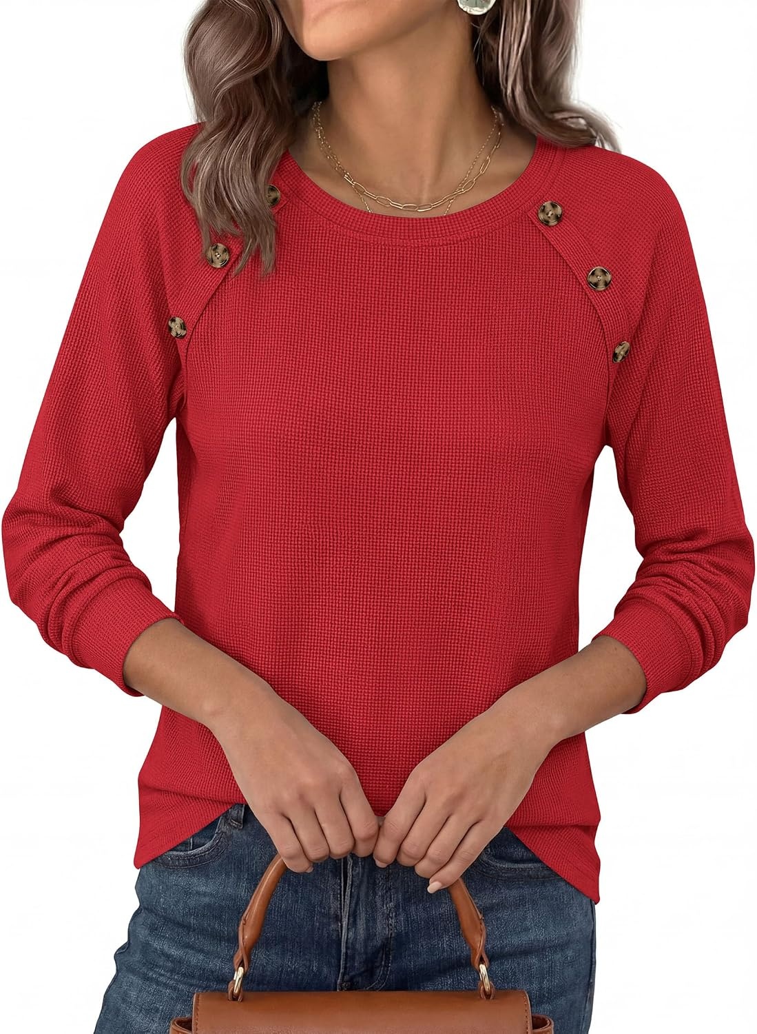 image:imagePRETTYGARDEN Fall Long Sleeve Waffle Knit Shirts for Women Soft Stretchy Tops Casual Crew Neck Raglan Sleeves with Deco Buttons Loose Fit Tunics Comfy Clothes for Work WearRed