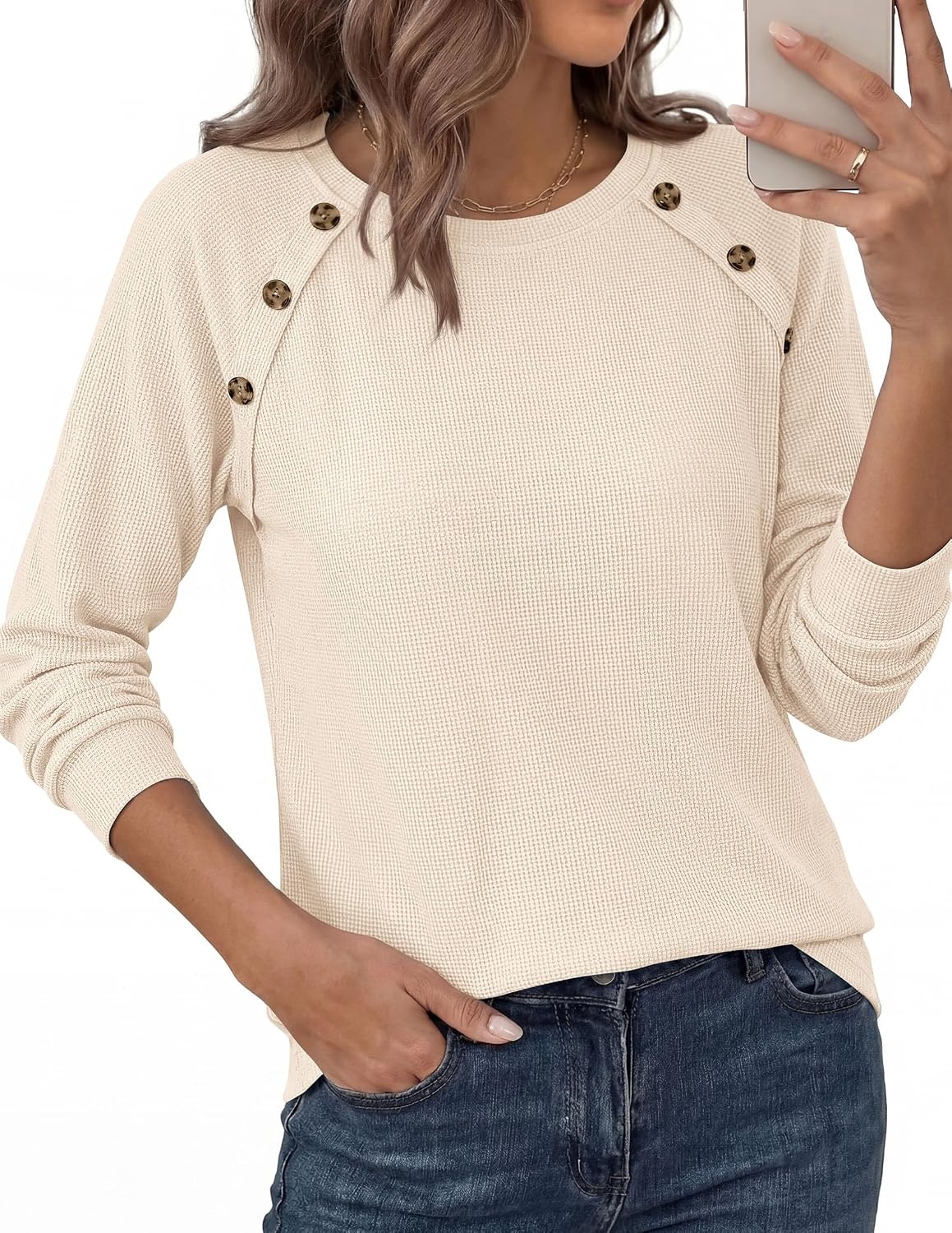image:imagePRETTYGARDEN Fall Long Sleeve Waffle Knit Shirts for Women Soft Stretchy Tops Casual Crew Neck Raglan Sleeves with Deco Buttons Loose Fit Tunics Comfy Clothes for Work WearBeige