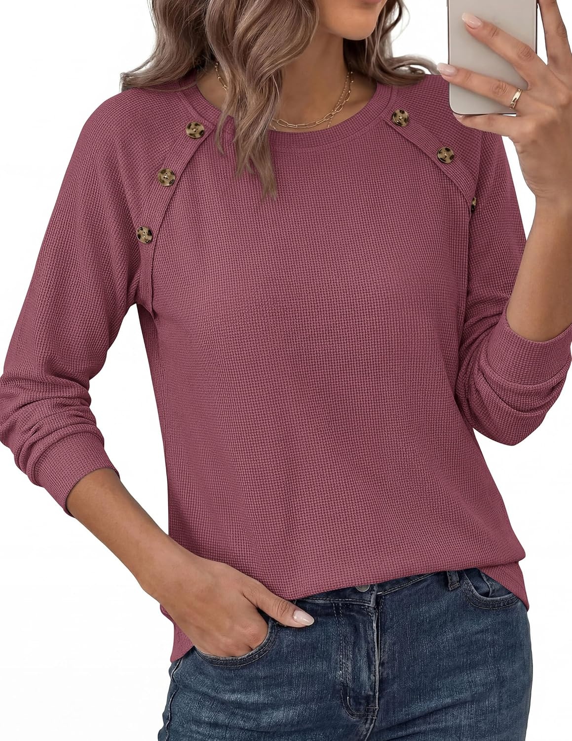 image:imagePRETTYGARDEN Fall Long Sleeve Waffle Knit Shirts for Women Soft Stretchy Tops Casual Crew Neck Raglan Sleeves with Deco Buttons Loose Fit Tunics Comfy Clothes for Work WearMauve