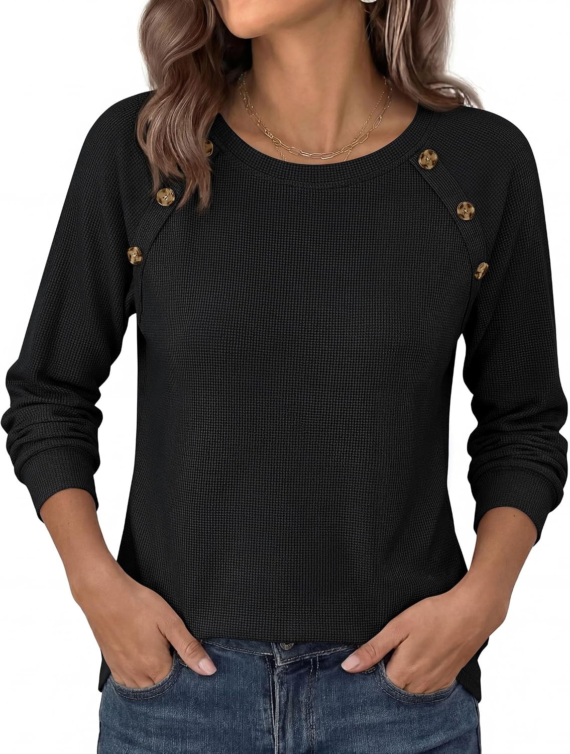 image:imagePRETTYGARDEN Fall Long Sleeve Waffle Knit Shirts for Women Soft Stretchy Tops Casual Crew Neck Raglan Sleeves with Deco Buttons Loose Fit Tunics Comfy Clothes for Work WearBlack