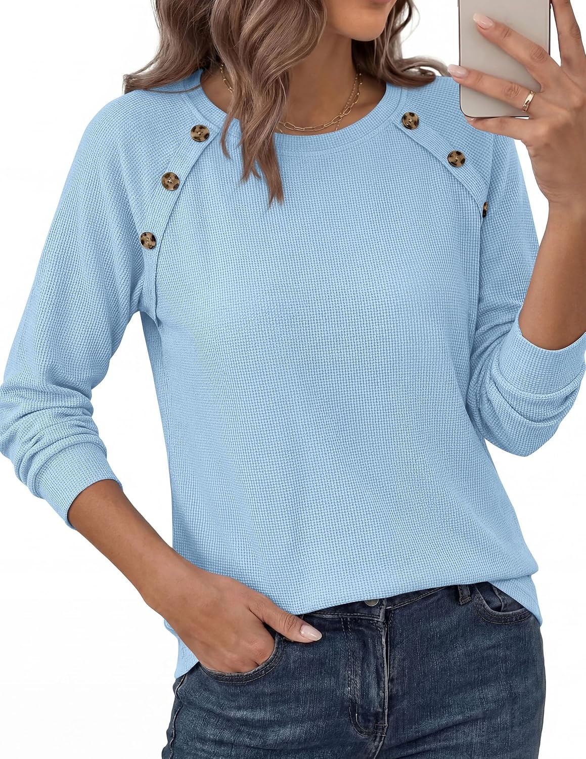 image:imagePRETTYGARDEN Fall Long Sleeve Waffle Knit Shirts for Women Soft Stretchy Tops Casual Crew Neck Raglan Sleeves with Deco Buttons Loose Fit Tunics Comfy Clothes for Work WearLight Blue