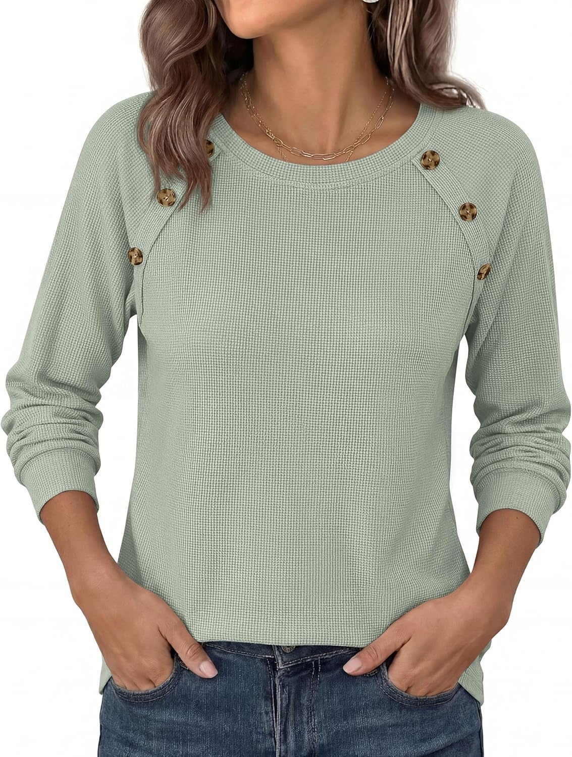 image:imagePRETTYGARDEN Fall Long Sleeve Waffle Knit Shirts for Women Soft Stretchy Tops Casual Crew Neck Raglan Sleeves with Deco Buttons Loose Fit Tunics Comfy Clothes for Work WearSage Green