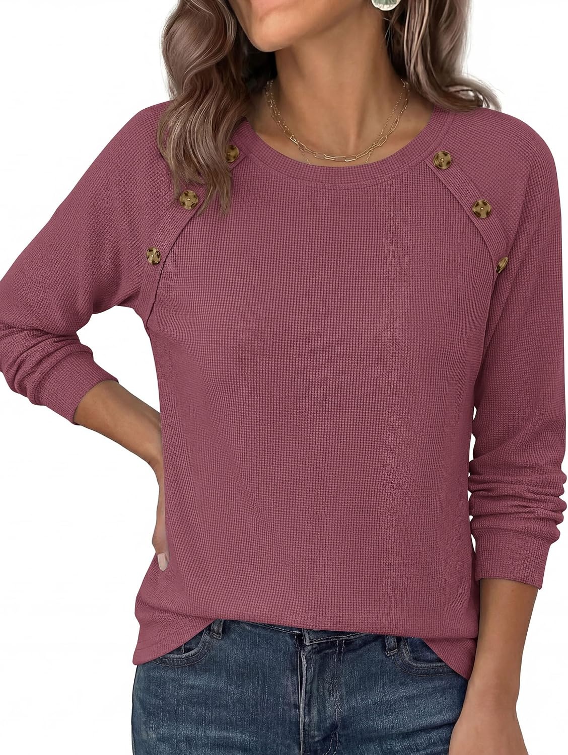 image:imagePRETTYGARDEN Fall Long Sleeve Waffle Knit Shirts for Women Soft Stretchy Tops Casual Crew Neck Raglan Sleeves with Deco Buttons Loose Fit Tunics Comfy Clothes for Work WearMauve