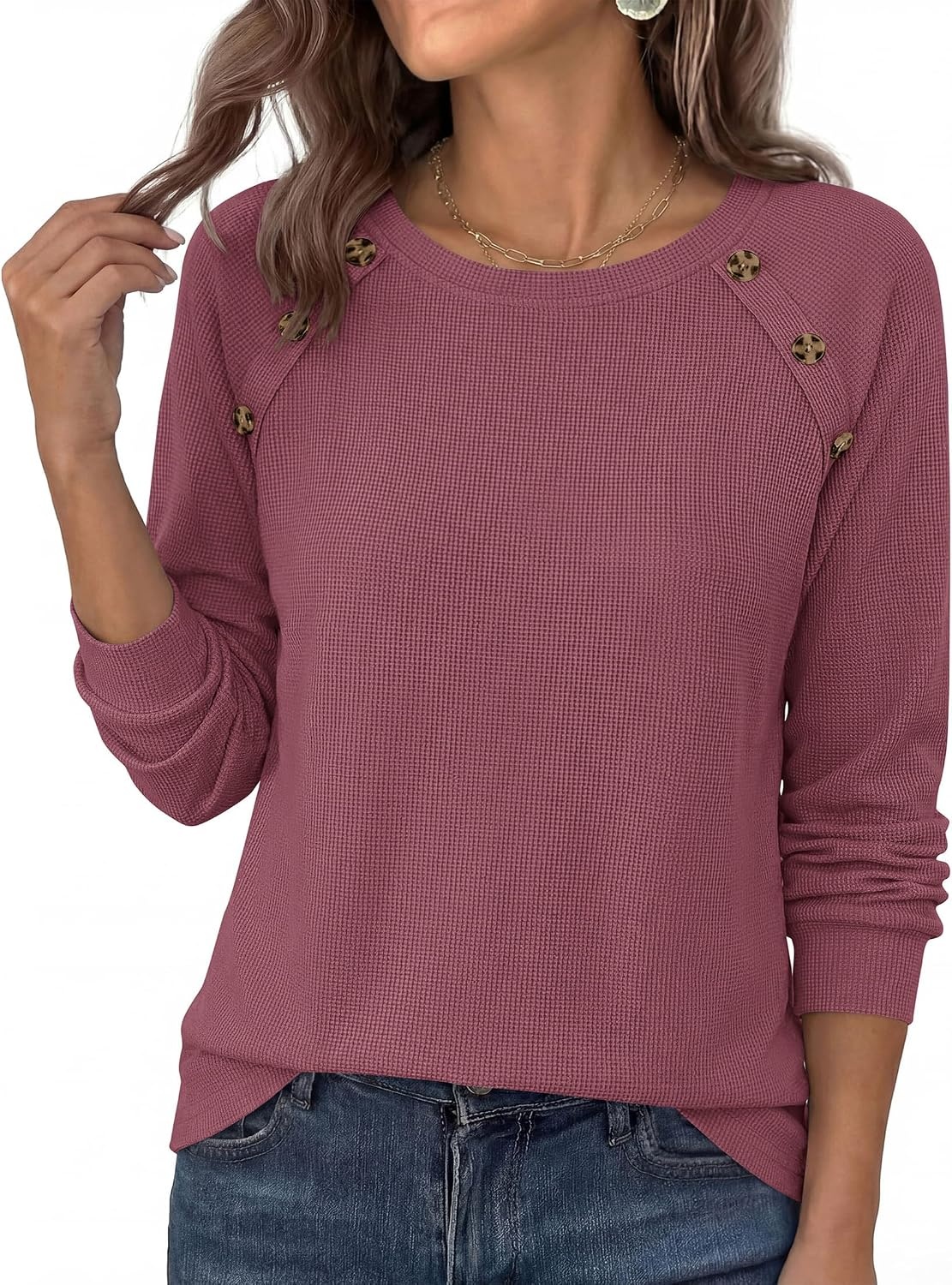 image:imagePRETTYGARDEN Fall Long Sleeve Waffle Knit Shirts for Women Soft Stretchy Tops Casual Crew Neck Raglan Sleeves with Deco Buttons Loose Fit Tunics Comfy Clothes for Work WearMauve