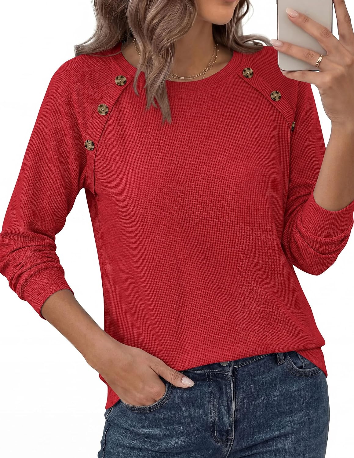image:imagePRETTYGARDEN Fall Long Sleeve Waffle Knit Shirts for Women Soft Stretchy Tops Casual Crew Neck Raglan Sleeves with Deco Buttons Loose Fit Tunics Comfy Clothes for Work WearRed