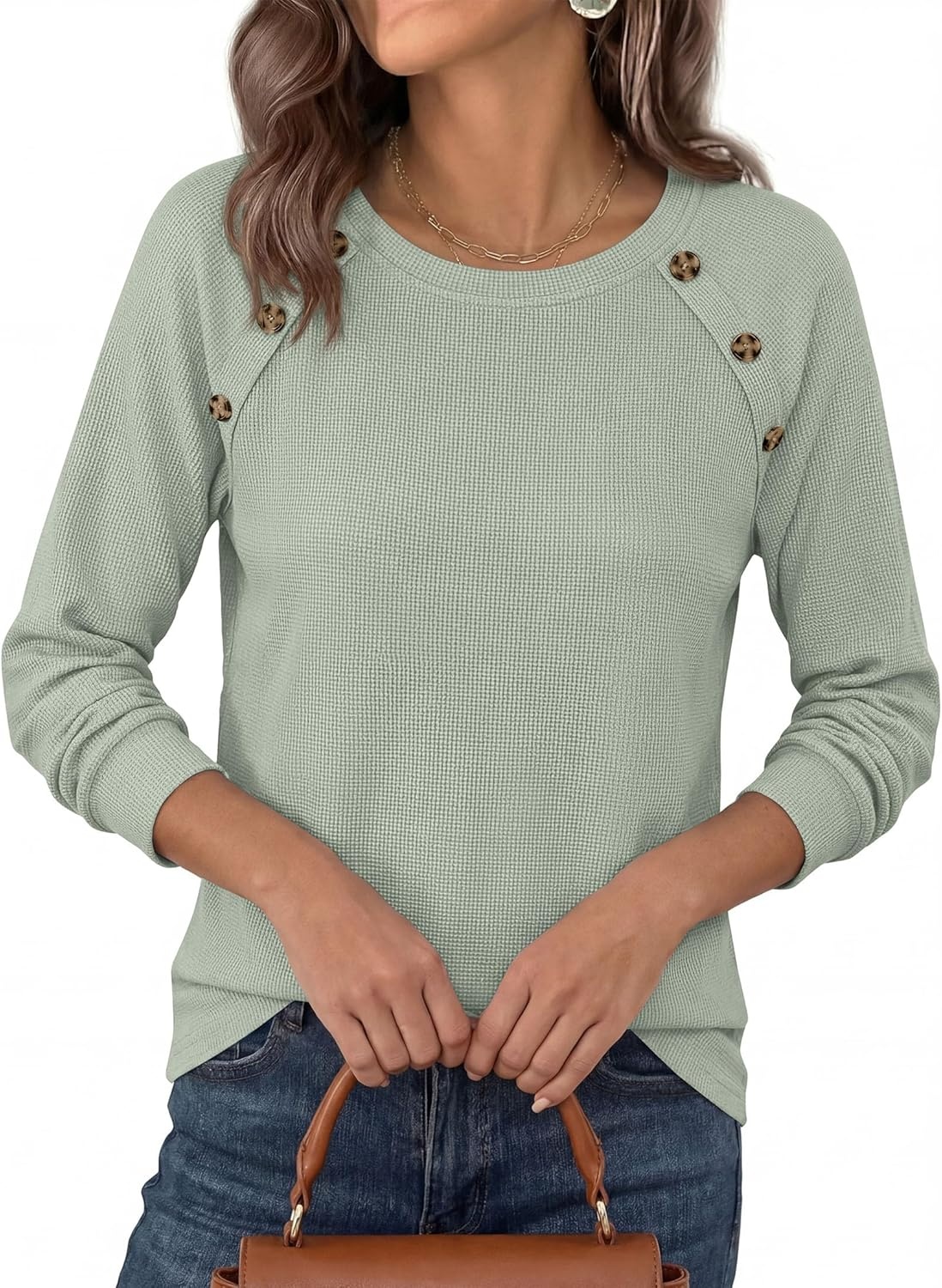 image:imagePRETTYGARDEN Fall Long Sleeve Waffle Knit Shirts for Women Soft Stretchy Tops Casual Crew Neck Raglan Sleeves with Deco Buttons Loose Fit Tunics Comfy Clothes for Work WearSage Green