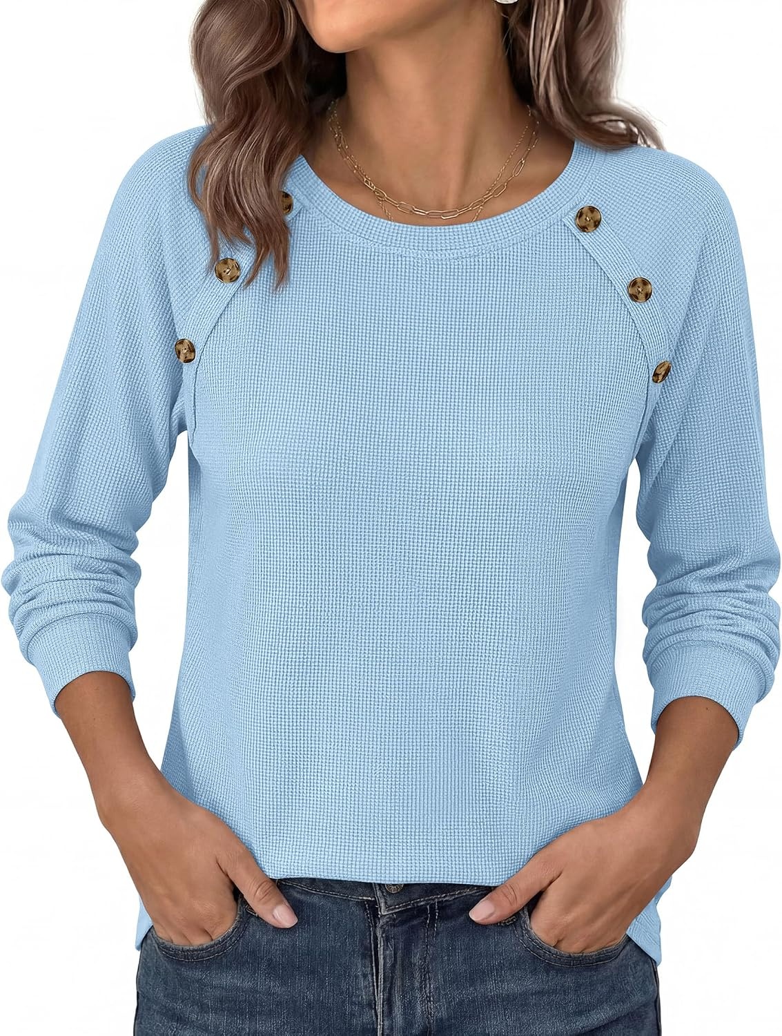 image:imagePRETTYGARDEN Fall Long Sleeve Waffle Knit Shirts for Women Soft Stretchy Tops Casual Crew Neck Raglan Sleeves with Deco Buttons Loose Fit Tunics Comfy Clothes for Work WearLight Blue