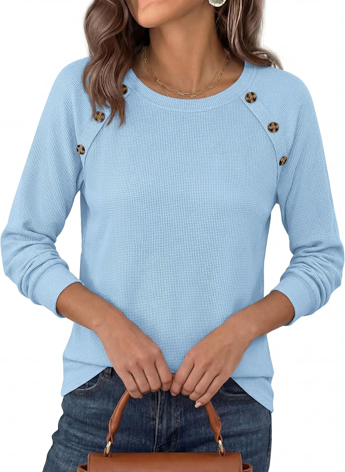 image:imagePRETTYGARDEN Fall Long Sleeve Waffle Knit Shirts for Women Soft Stretchy Tops Casual Crew Neck Raglan Sleeves with Deco Buttons Loose Fit Tunics Comfy Clothes for Work WearLight Blue