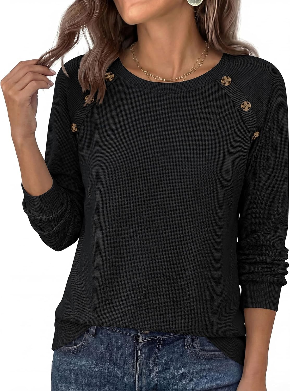 image:imagePRETTYGARDEN Fall Long Sleeve Waffle Knit Shirts for Women Soft Stretchy Tops Casual Crew Neck Raglan Sleeves with Deco Buttons Loose Fit Tunics Comfy Clothes for Work WearBlack