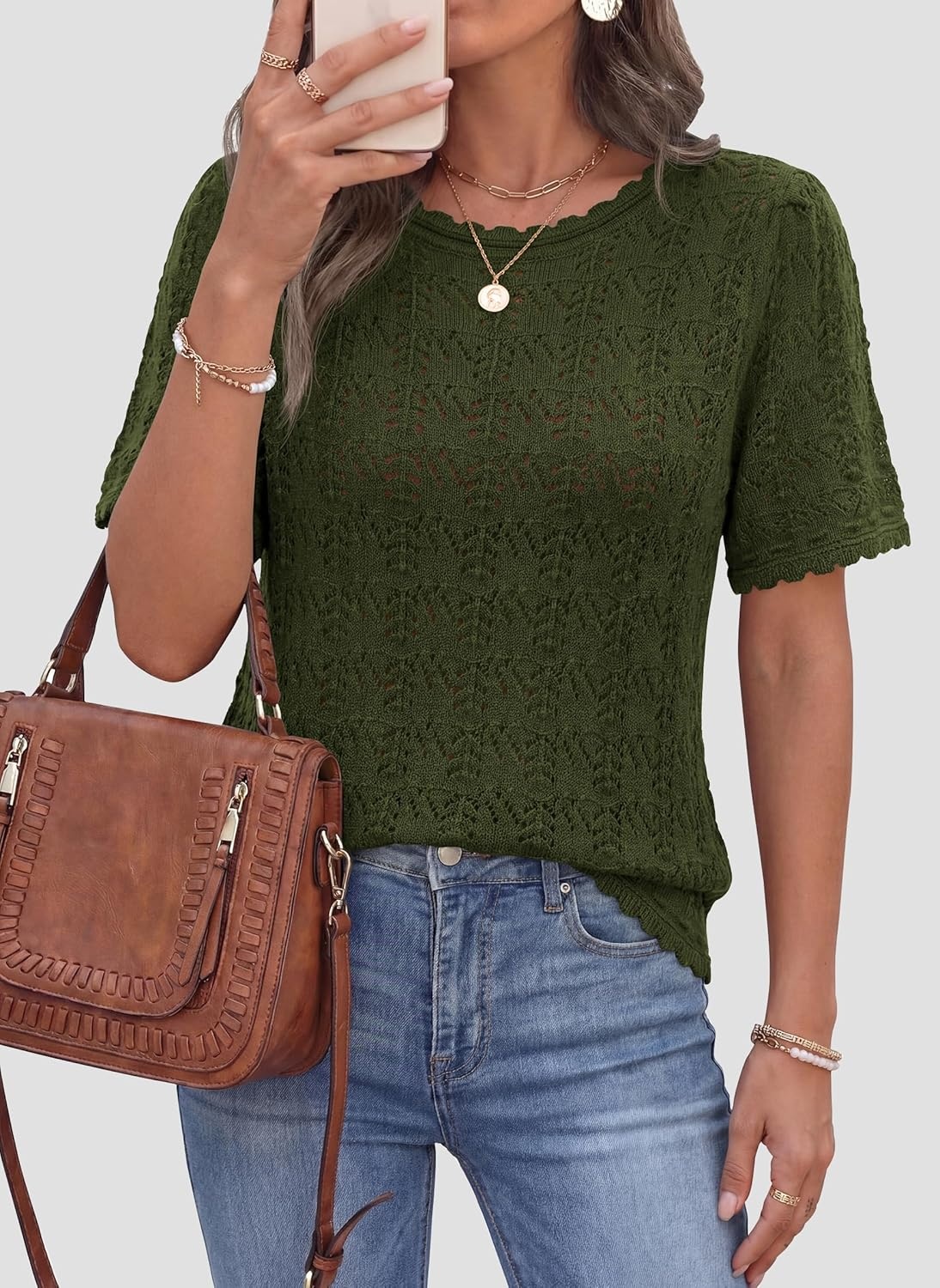 image:imagePRETTYGARDEN Womens Short Sleeve Sweater Crochet Summer Tops 2026 Trendy Casual Hollow Out Shirts Beach Vacation ClothesArmy Green