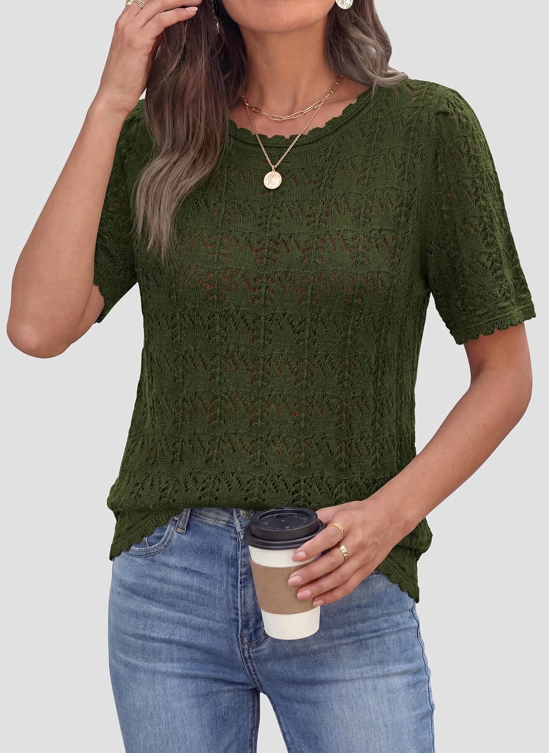 image:imagePRETTYGARDEN Womens Short Sleeve Sweater Crochet Summer Tops 2026 Trendy Casual Hollow Out Shirts Beach Vacation ClothesArmy Green