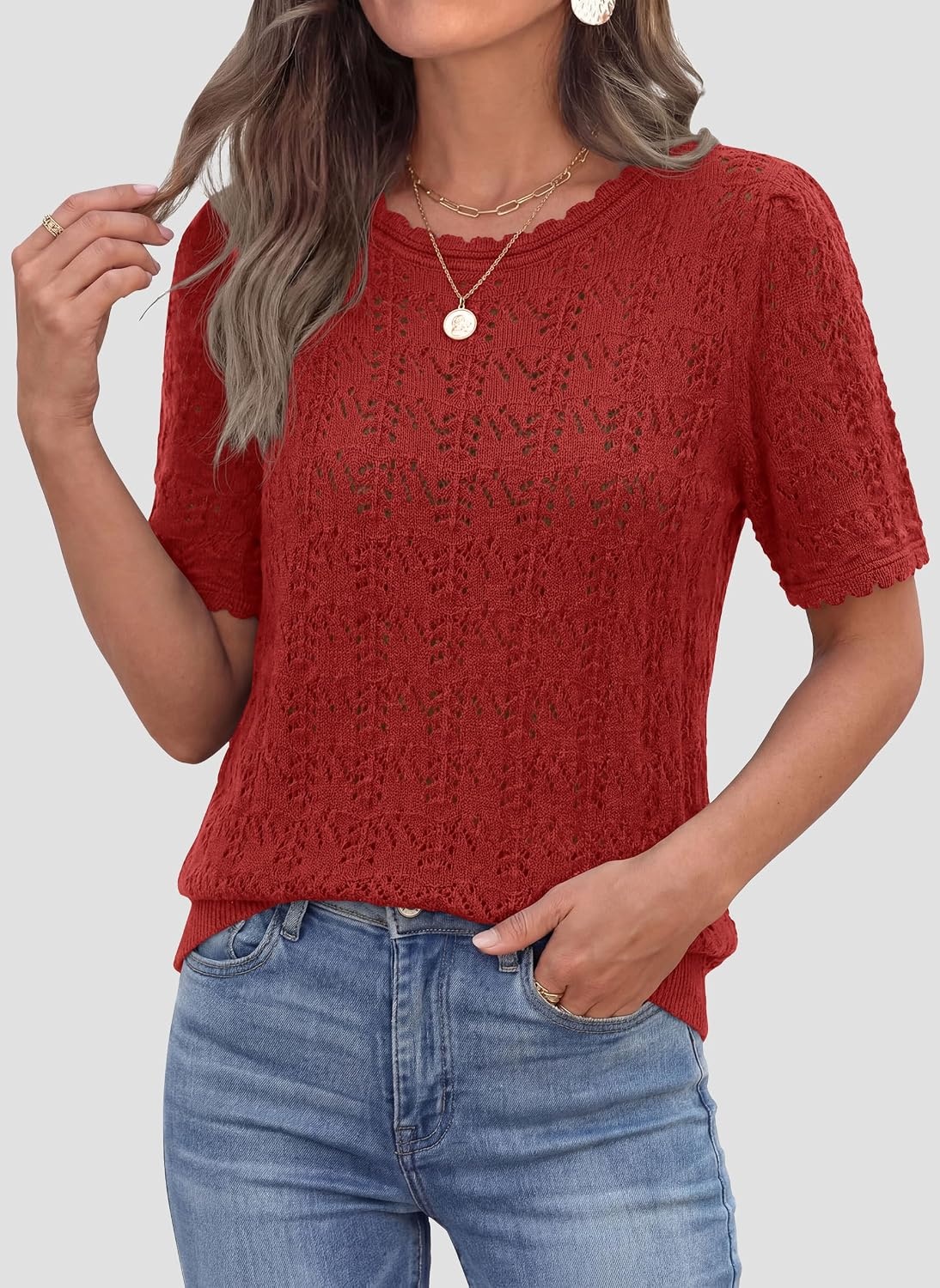image:imagePRETTYGARDEN Womens Short Sleeve Sweater Crochet Summer Tops 2026 Trendy Casual Hollow Out Shirts Beach Vacation ClothesRed