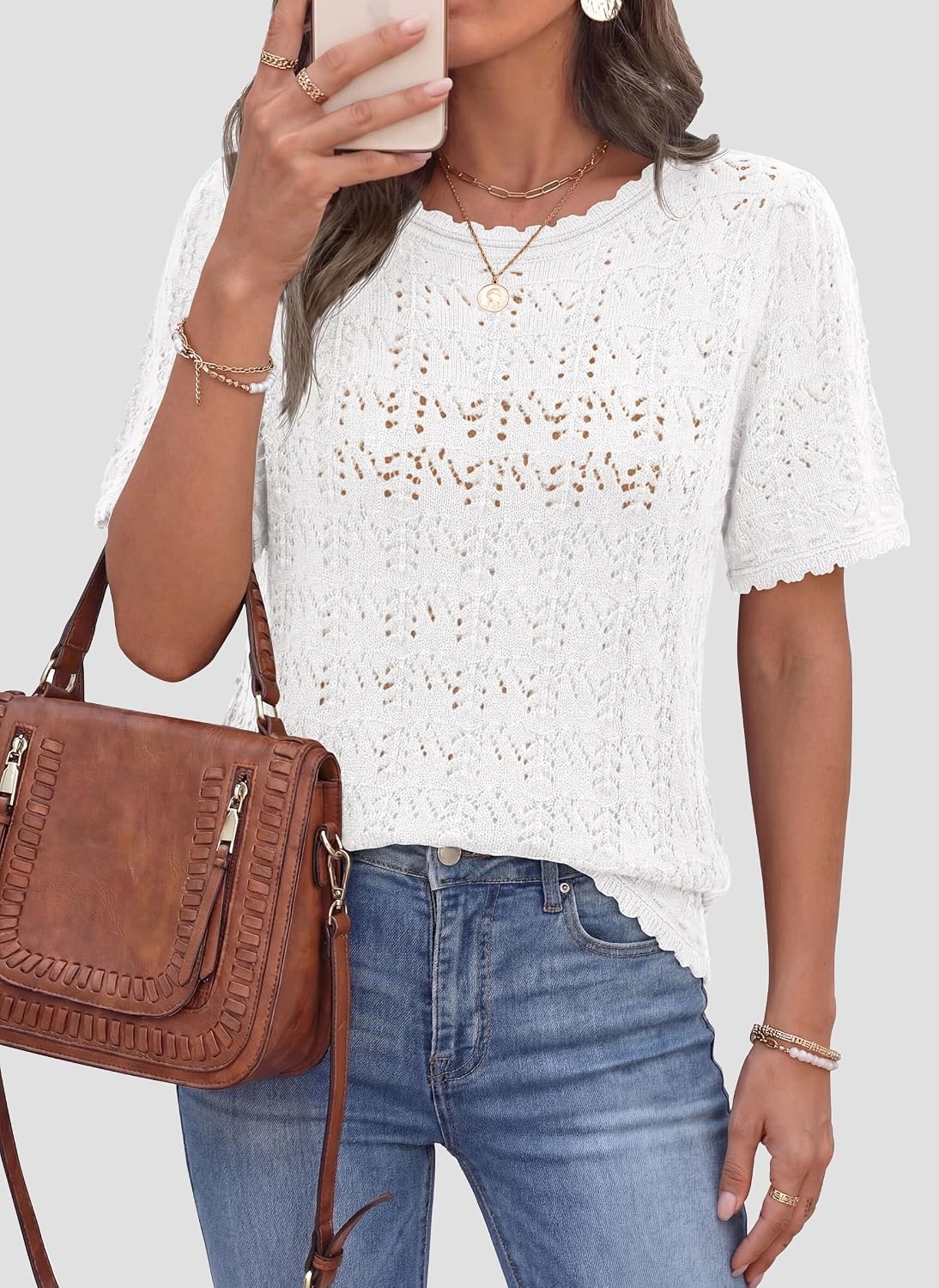 image:imagePRETTYGARDEN Womens Short Sleeve Sweater Crochet Summer Tops 2026 Trendy Casual Hollow Out Shirts Beach Vacation ClothesWhite