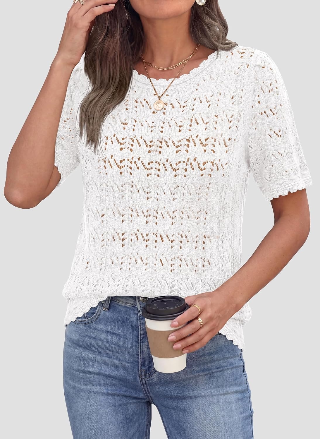 image:imagePRETTYGARDEN Womens Short Sleeve Sweater Crochet Summer Tops 2026 Trendy Casual Hollow Out Shirts Beach Vacation ClothesWhite