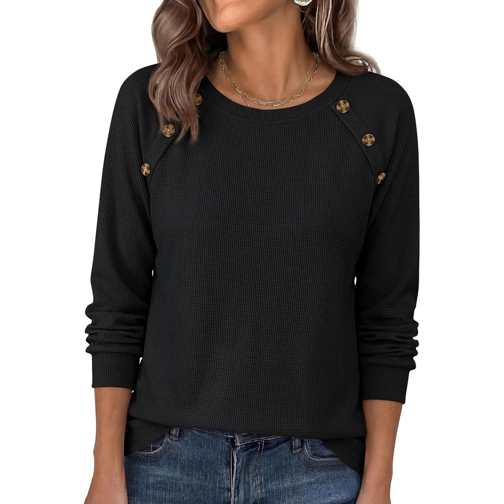 image:imagePRETTYGARDEN Fall Long Sleeve Waffle Knit Shirts for Women Soft Stretchy Tops Casual Crew Neck Raglan Sleeves with Deco Buttons Loose Fit Tunics Comfy Clothes for Work WearBlack