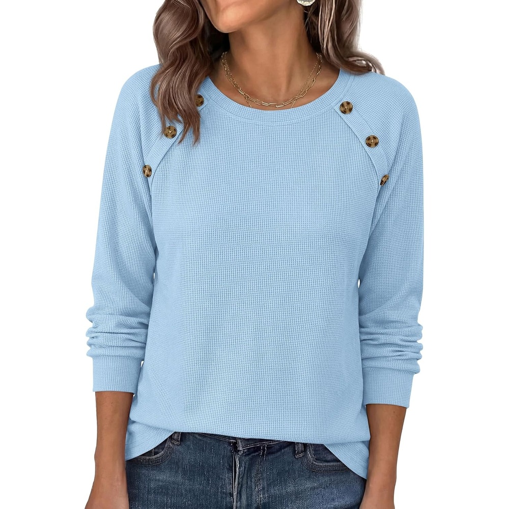 image:imagePRETTYGARDEN Fall Long Sleeve Waffle Knit Shirts for Women Soft Stretchy Tops Casual Crew Neck Raglan Sleeves with Deco Buttons Loose Fit Tunics Comfy Clothes for Work WearLight Blue