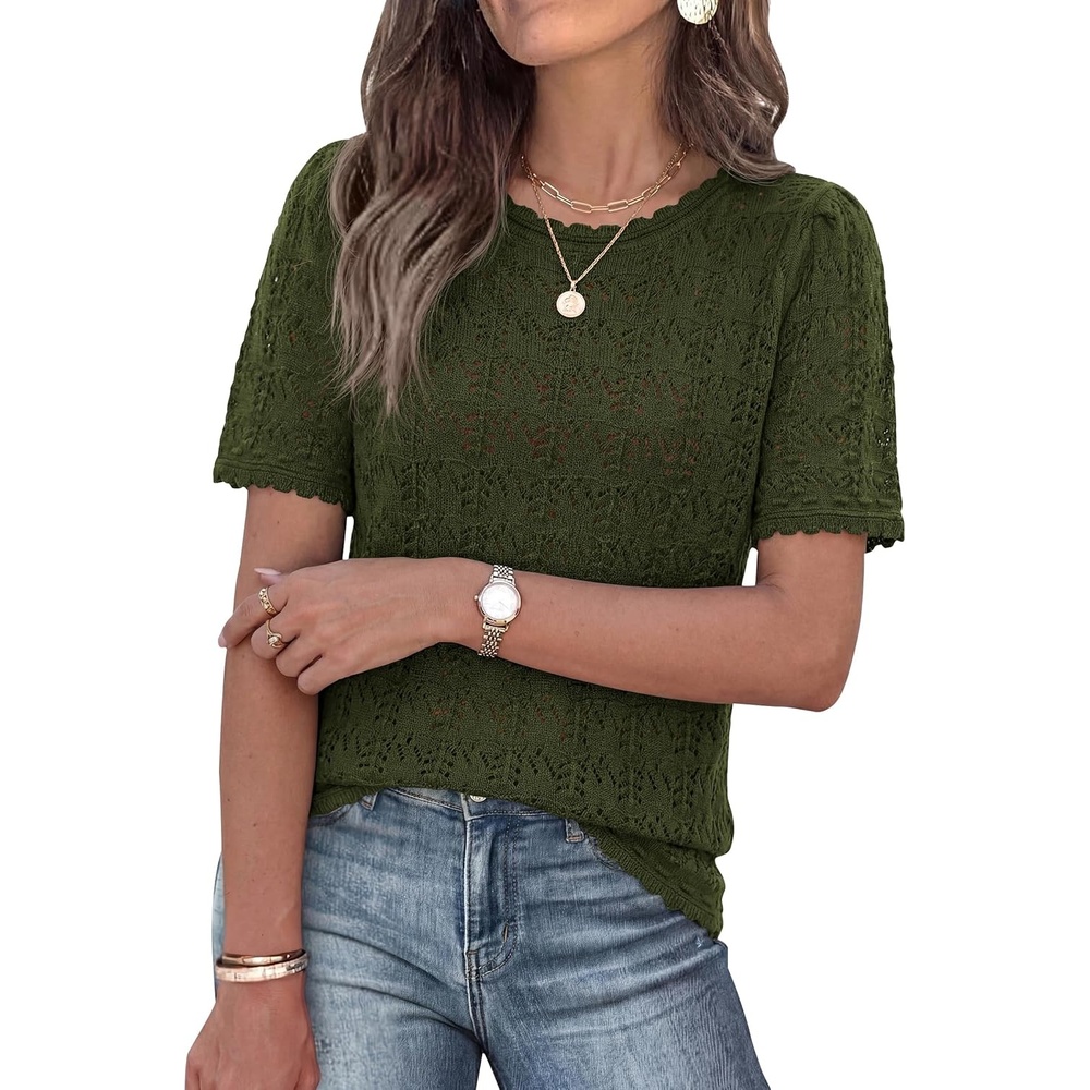 image:imagePRETTYGARDEN Womens Short Sleeve Sweater Crochet Summer Tops 2026 Trendy Casual Hollow Out Shirts Beach Vacation ClothesArmy Green