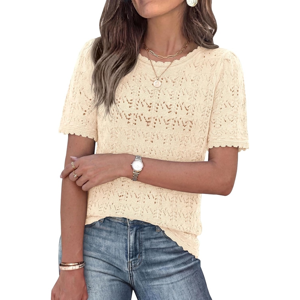 image:imagePRETTYGARDEN Womens Short Sleeve Sweater Crochet Summer Tops 2026 Trendy Casual Hollow Out Shirts Beach Vacation ClothesBeige