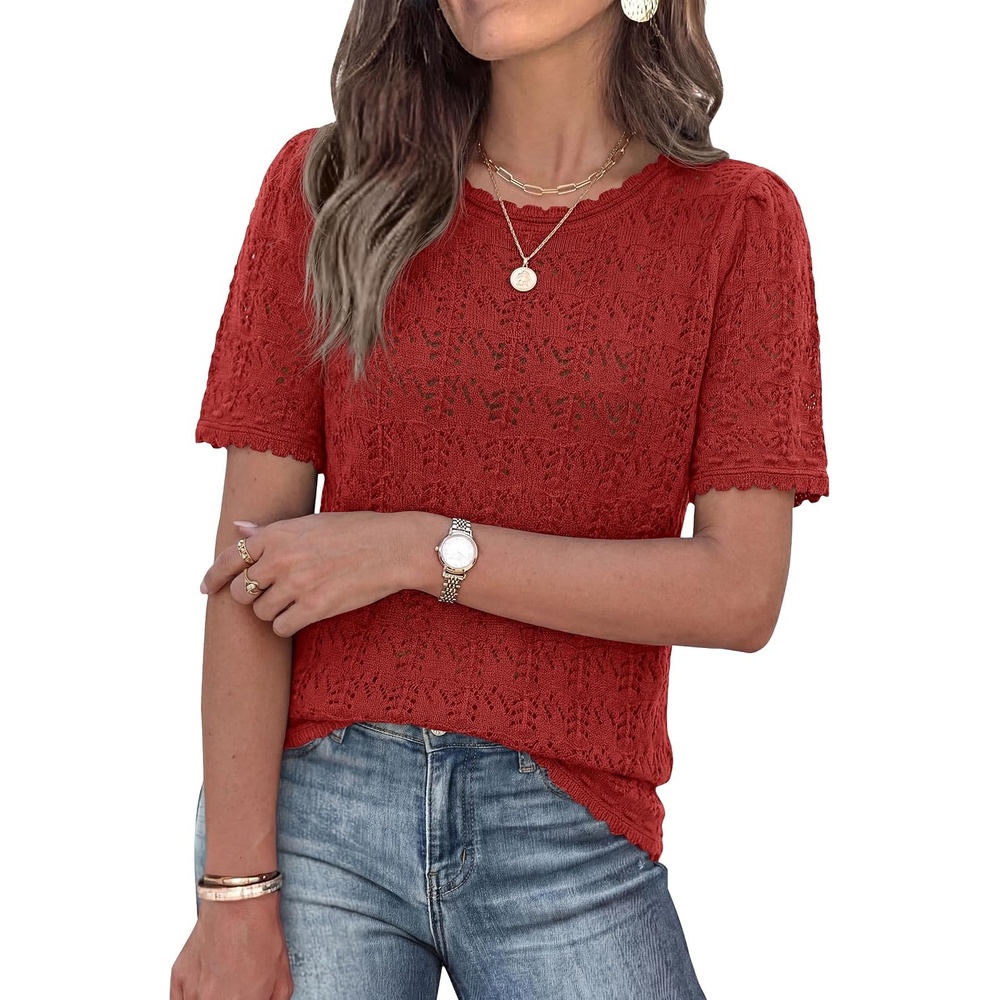 image:imagePRETTYGARDEN Womens Short Sleeve Sweater Crochet Summer Tops 2026 Trendy Casual Hollow Out Shirts Beach Vacation ClothesRed