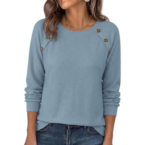 PRETTYGARDEN Fall Long Sleeve Waffle Knit Shirts for Women | Soft Stretchy Tops, Casual Crew Neck, Raglan Sleeves with Deco Buttons, Loose Fit Tunics, Comfy Clothes for Work Wear(Dusty Blue)