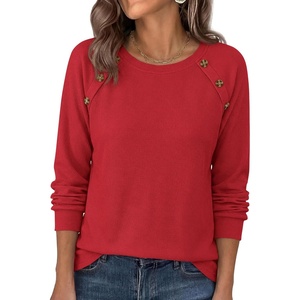 PRETTYGARDEN Fall Long Sleeve Waffle Knit Shirts for Women | Soft Stretchy Tops, Casual Crew Neck, Raglan Sleeves with Deco Buttons, Loose Fit Tunics, Comfy Clothes for Work Wear(Red)