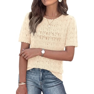 PRETTYGARDEN Women’s Short Sleeve Sweater Crochet Summer Tops 2026 Trendy Casual Hollow Out Shirts Beach Vacation Clothes(Beige)