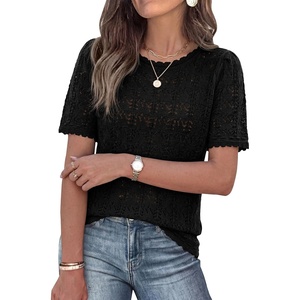 PRETTYGARDEN Women’s Short Sleeve Sweater Crochet Summer Tops 2026 Trendy Casual Hollow Out Shirts Beach Vacation Clothes(Black)