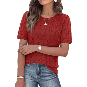 PRETTYGARDEN Women’s Short Sleeve Sweater Crochet Summer Tops 2026 Trendy Casual Hollow Out Shirts Beach Vacation Clothes(Red)