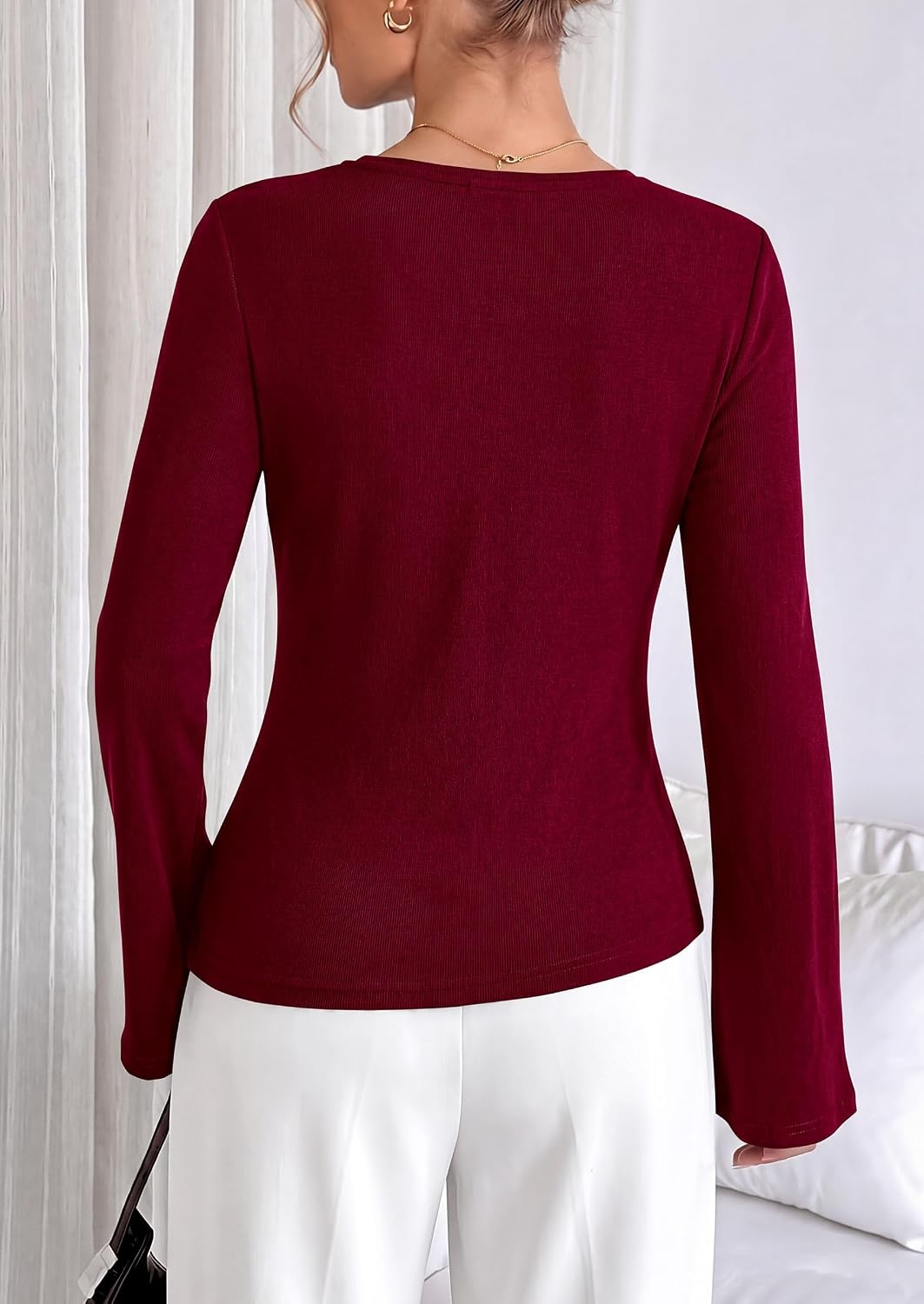 image:imagePRETTYGARDEN Long Sleeve Shirts for Women Asymmetricall Tops Dressy Casual Blouses Slim Fit Waist Tie Ruched Top Soft Stretchy Going Out Work Office Outfit 2026 Fall Fashion ClothesBurgundy