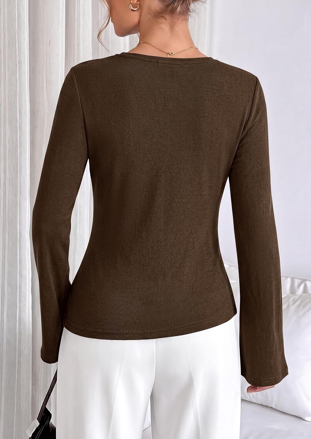 image:imagePRETTYGARDEN Long Sleeve Shirts for Women Asymmetricall Tops Dressy Casual Blouses Slim Fit Waist Tie Ruched Top Soft Stretchy Going Out Work Office Outfit 2026 Fall Fashion ClothesBrown